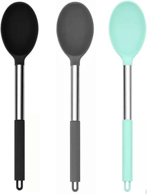 Silicone Solid Cooking Spoon Set, Stainless Steel Handle, Heat Resistant